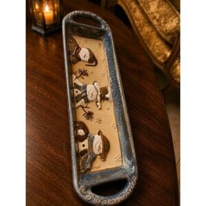 St. Nicholas Square stoneware serving tray  a rustic snowman blue glazed rim
